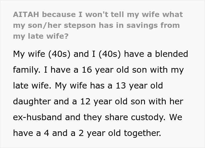 Wife throws tantrum over husband not disclosing stepson's inheritance from late mother in blended family conflict. Wife throws tantrum over husband not disclosing stepson's inheritance from late mother in blended family conflict.