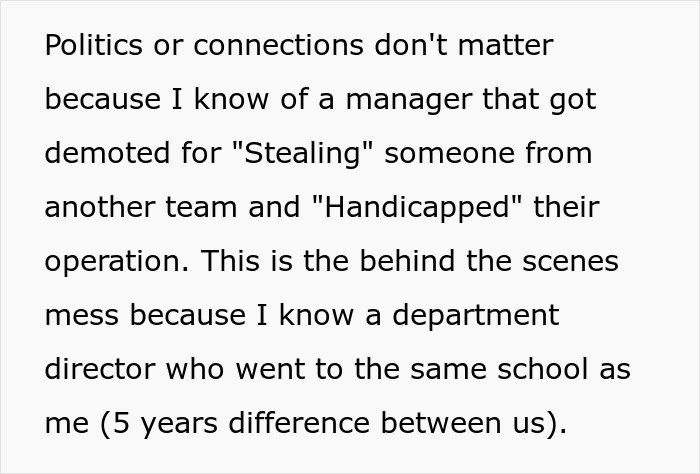 Text discussing a manager demoted for harming another team's operation, highlighting employee concerns about exposing management and HR. Text discussing a manager demoted for harming another team's operation, highlighting employee concerns about exposing management and HR.