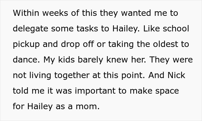 Text showing a parent explaining kids prefer bio mom over stepmom despite requests to delegate parenting tasks.