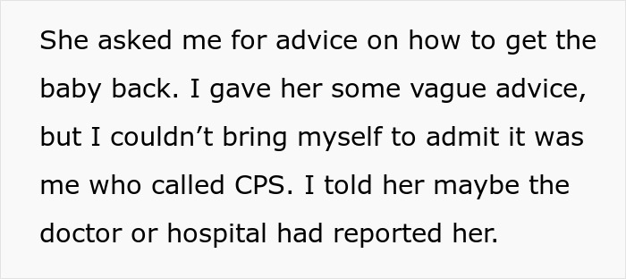 Text excerpt about a guy reporting his sister to CPS after hearing her plan to illegally adopt a baby.