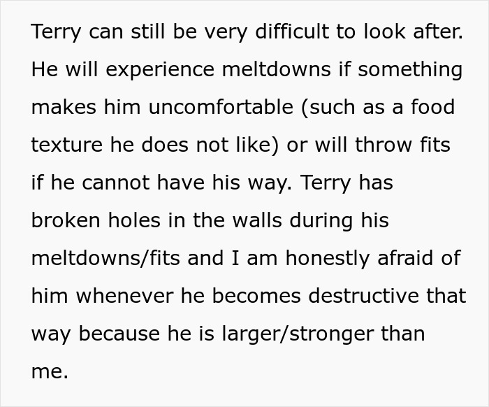 Text describing challenges caring for disabled brother Terry, highlighting meltdowns and boundary struggles in caregiving. Text describing challenges caring for disabled brother Terry, highlighting meltdowns and boundary struggles in caregiving.