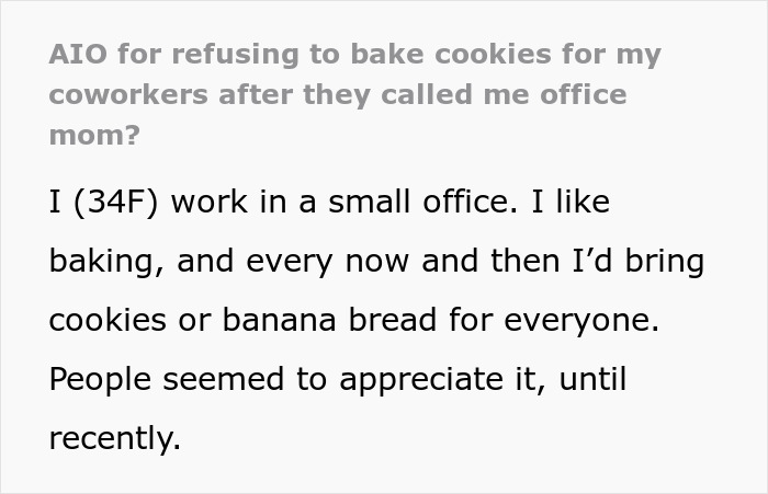 Woman accused of making things awkward at work after stopping baking for colleagues due to a nickname dispute.