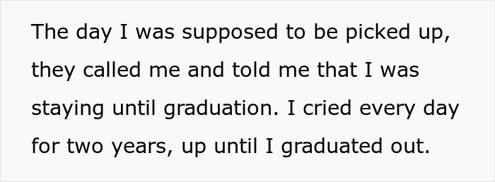 Text excerpt about teen crying every day after being left at boarding school, expressing anger at parents years later. Text excerpt about teen crying every day after being left at boarding school, expressing anger at parents years later.
