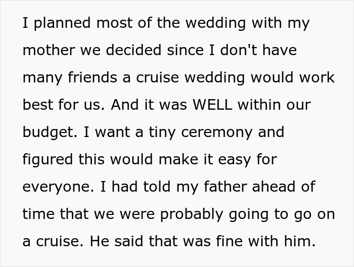 Bride's father refuses to attend wedding on American soil as couple plans a budget-friendly cruise wedding with a tiny ceremony.