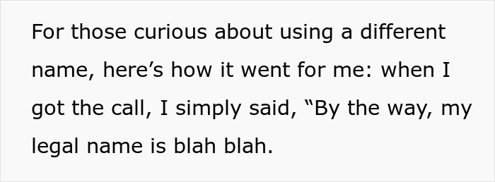 Text excerpt explaining a woman’s experience using a different name and its impact on job offers. Text excerpt explaining a woman’s experience using a different name and its impact on job offers.