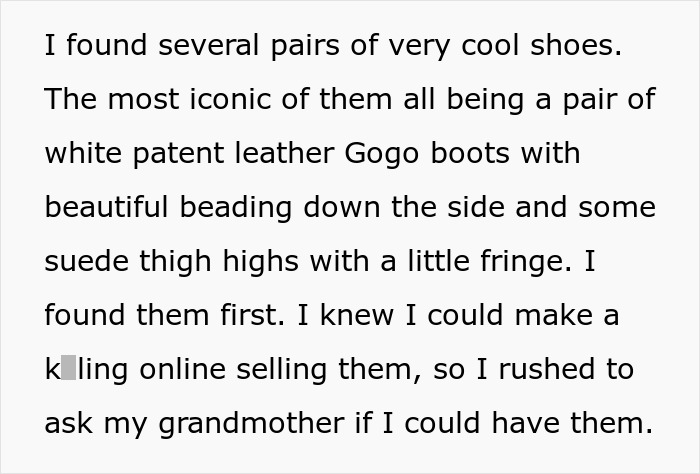 Vegan sister wearing grandma’s leather shoes, causing a family disagreement over plans to sell them online. Vegan sister wearing grandma’s leather shoes, causing a family disagreement over plans to sell them online.