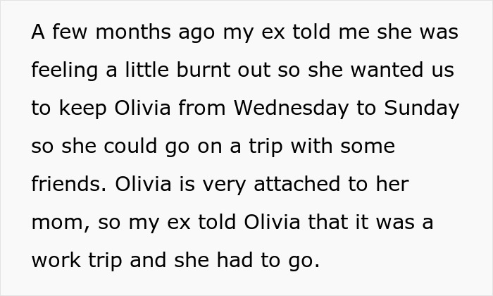 Text excerpt describing a woman’s “work trip” that is actually a vacation, affecting her autistic child’s attachment and response.