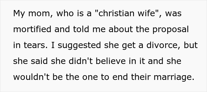 Text from a message describing a Christian wife mortified by an open marriage proposal and refusing to end the marriage.