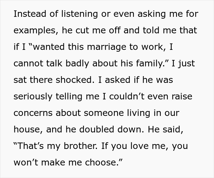 Text excerpt showing a wife’s concern about her creepy brother-in-law and family causing relationship issues. Text excerpt showing a wife’s concern about her creepy brother-in-law and family causing relationship issues.