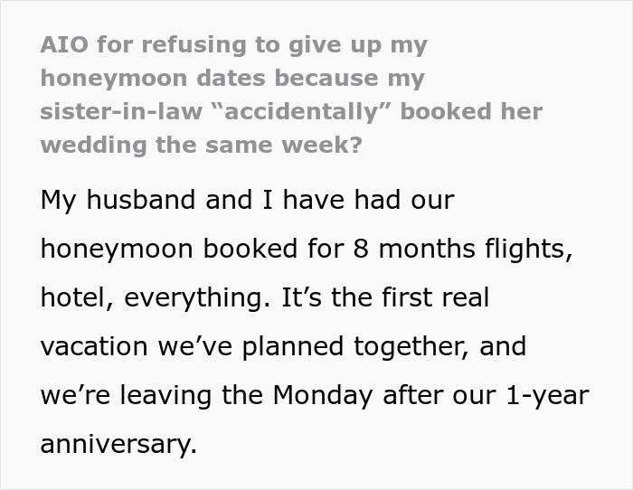 Text excerpt discussing a couple’s honeymoon plans disrupted by a selfish sister-in-law’s surprise wedding.