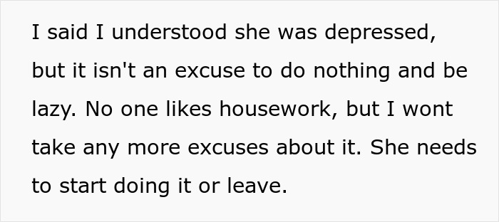 Text graphic showing a man refusing to accept depression as an excuse for being lazy in housework. Text graphic showing a man refusing to accept depression as an excuse for being lazy in housework.