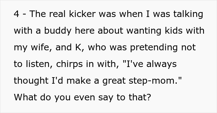 Text excerpt showing a man shuts down younger coworker flirt with a hesitant comment about being a step-mom while discussing family plans. Text excerpt showing a man shuts down younger coworker flirt with a hesitant comment about being a step-mom while discussing family plans.