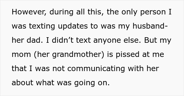 Text excerpt showing a mother accusing daughter of kidnapping after no updates during child’s procedure. Text excerpt showing a mother accusing daughter of kidnapping after no updates during child’s procedure.