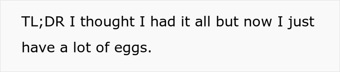 Text on white background stating a humorous message about thinking he was stealing from convenience store but having a lot of eggs.