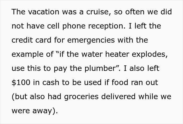 Text about a vacation without cell reception, emergency credit card use, and cash for food with groceries delivered while away. Text about a vacation without cell reception, emergency credit card use, and cash for food with groceries delivered while away.