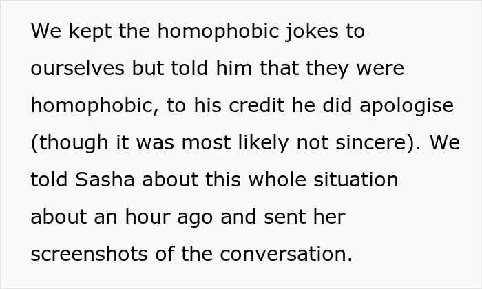 Text excerpt discussing homophobic jokes, apology, and sharing screenshots related to masculinity so fragile and relationship issues. Text excerpt discussing homophobic jokes, apology, and sharing screenshots related to masculinity so fragile and relationship issues.