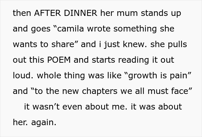 Text excerpt showing a teen’s frustration as golden child cousin turns celebration into her own show. Text excerpt showing a teen’s frustration as golden child cousin turns celebration into her own show.