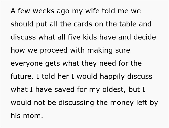 Text about wife throwing a tantrum when husband won’t reveal stepson’s inheritance from late mother discussed. Text about wife throwing a tantrum when husband won’t reveal stepson’s inheritance from late mother discussed.