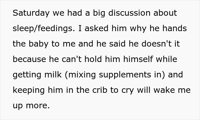 Text discussing a burnt-out wife asking her husband to feed the baby once a night, highlighting frustration with his inability.