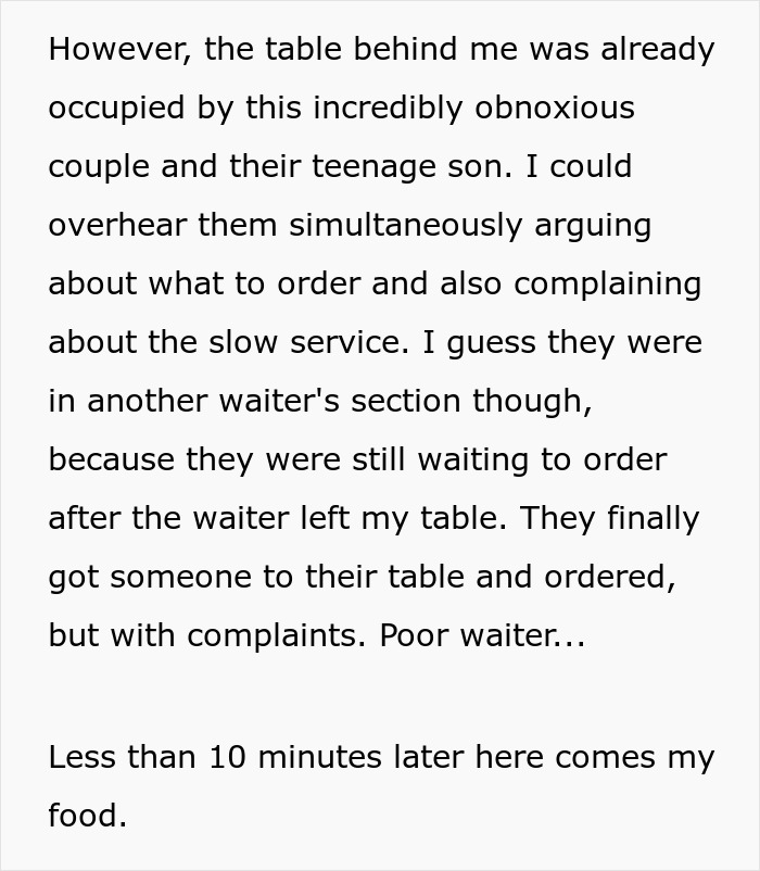 Text excerpt describing an obnoxious couple arguing at a restaurant before a dad steals a spicy chicken sandwich for his kid. Text excerpt describing an obnoxious couple arguing at a restaurant before a dad steals a spicy chicken sandwich for his kid.
