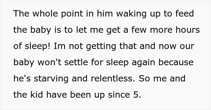 Burnt-out wife frustrated as husband fails to feed baby once a night, causing sleepless nights and relentless crying.