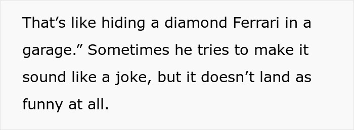 Text showing frustration about hiding a diamond Ferrari, highlighting awkward family dynamics and a wife removing wedding ring. Text showing frustration about hiding a diamond Ferrari, highlighting awkward family dynamics and a wife removing wedding ring.