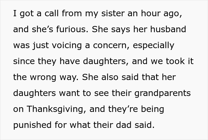 Text excerpt about a man’s Thanksgiving ban after making brother-in-law’s wife cry with his theory.