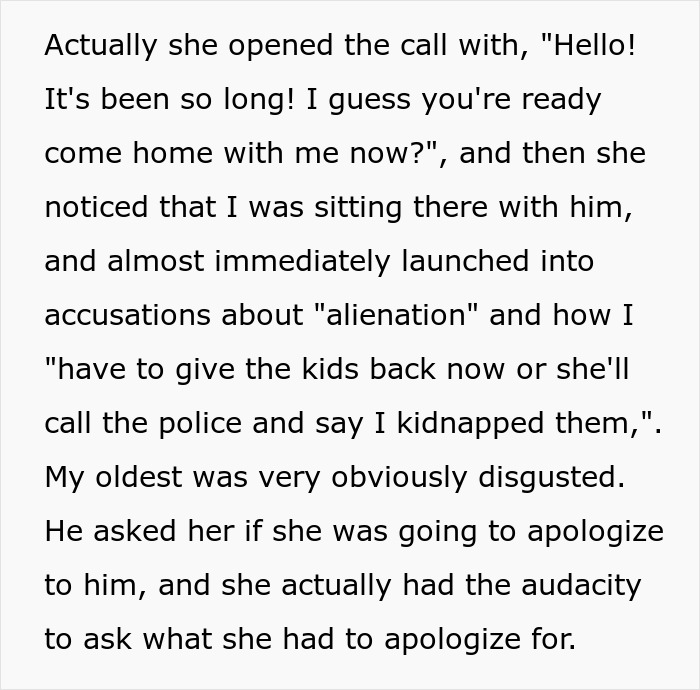 Text excerpt about family conflict involving ex-con mom facing accusations and alienation after kids refuse to see her. Text excerpt about family conflict involving ex-con mom facing accusations and alienation after kids refuse to see her.