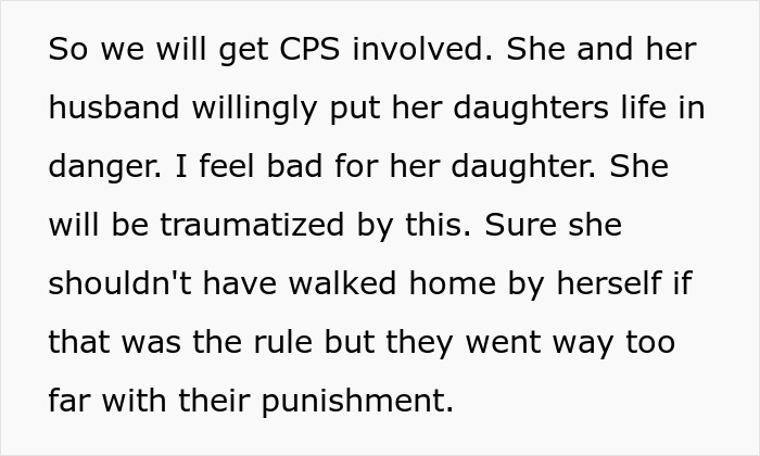 Comment discussing CPS involvement after parents abandon 5-year-old daughter as a harsh punishment in another city.