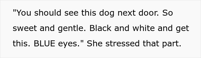 Text about a dog with black and white fur and blue eyes, related to elderly lady allegedly planning to steal neighbor’s doggo.