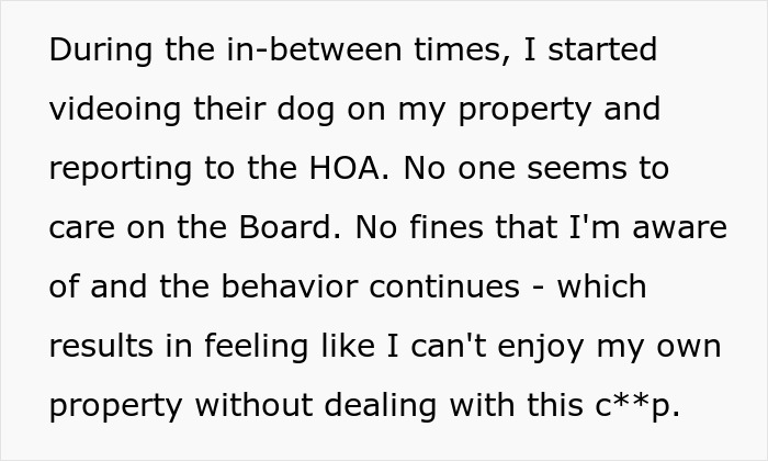 Text excerpt showing a complaint about an HOA board member refusing to follow pet ownership rules, causing neighbor conflict. Text excerpt showing a complaint about an HOA board member refusing to follow pet ownership rules, causing neighbor conflict.