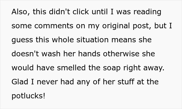 Text about a coworker sensitive to smells, guessing she stops washing hands to avoid soap scent detection.