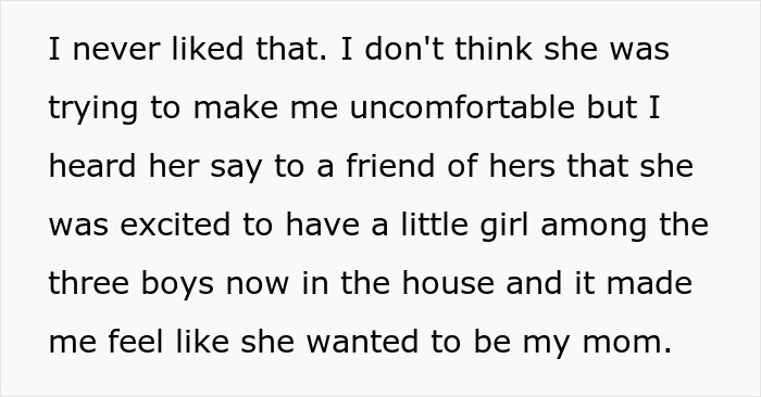 Text excerpt showing a woman’s feelings about being a bonus mom and her stepdaughter’s reaction to the mom role.