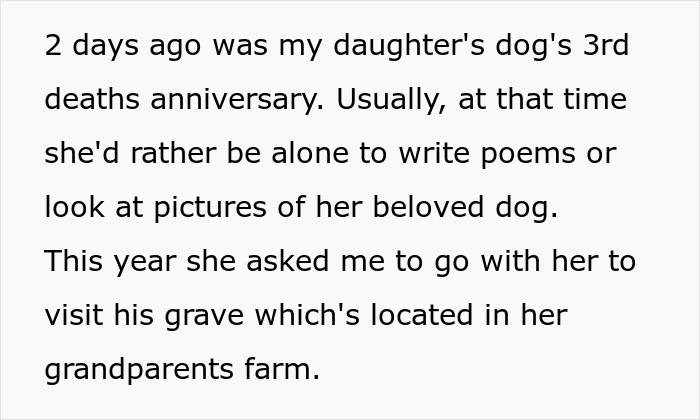 Text about daughter's dog anniversary and visit to grave at grandparents farm, highlighting stepdaughter sister spices drama context. Text about daughter's dog anniversary and visit to grave at grandparents farm, highlighting stepdaughter sister spices drama context.
