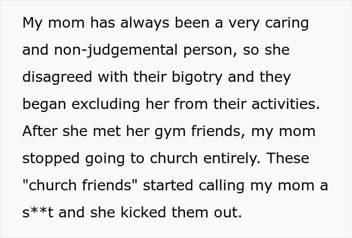 Text excerpt discussing a caring mother rejected by church friends after meeting gym friends and facing bigotry. Text excerpt discussing a caring mother rejected by church friends after meeting gym friends and facing bigotry.