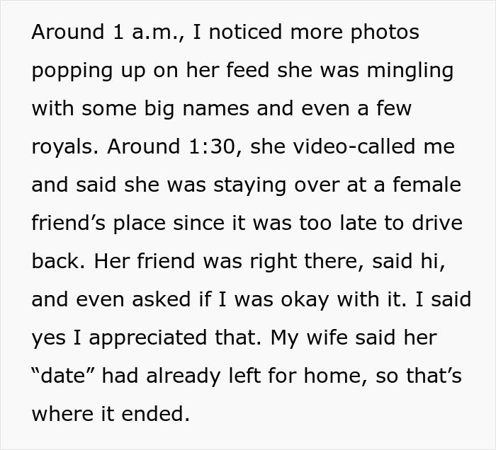Text excerpt describing a woman going to a gala with a client as her date, leaving her husband questioning everything. Text excerpt describing a woman going to a gala with a client as her date, leaving her husband questioning everything.