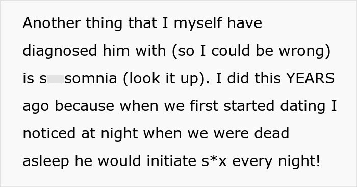 Text excerpt about wife diagnosing husband with possible insomnia after he initiates s*x nightly, reflecting burnt-out wife struggles. Text excerpt about wife diagnosing husband with possible insomnia after he initiates s*x nightly, reflecting burnt-out wife struggles.
