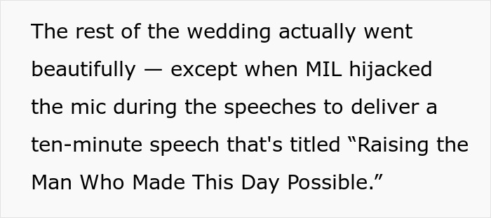 Mother-in-law trying to be the center of attention during wedding, delivering a long speech and being asked to change outfit. Mother-in-law trying to be the center of attention during wedding, delivering a long speech and being asked to change outfit.