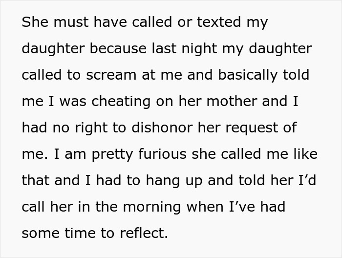 Text about daughter calling husband a cheater after wife’s death, discussing dating and family conflict. Text about daughter calling husband a cheater after wife’s death, discussing dating and family conflict.