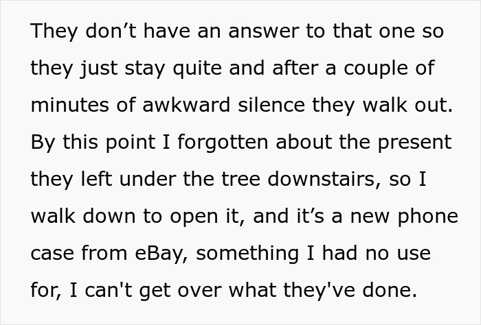 Text excerpt describing parents gifting a $25K car to a golden child while older sibling receives a phone case.