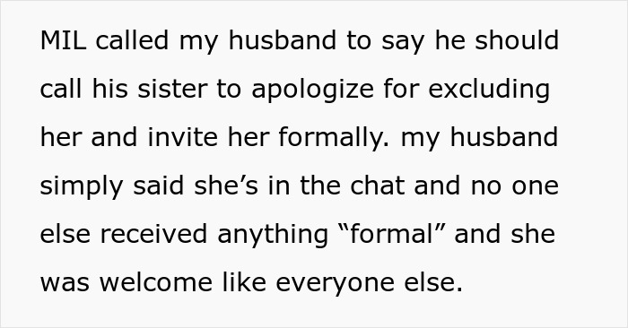 Text conversation about MIL asking husband to apologize for excluding sister, highlighting MIL no-show and DIL refusing future celebrations. Text conversation about MIL asking husband to apologize for excluding sister, highlighting MIL no-show and DIL refusing future celebrations.