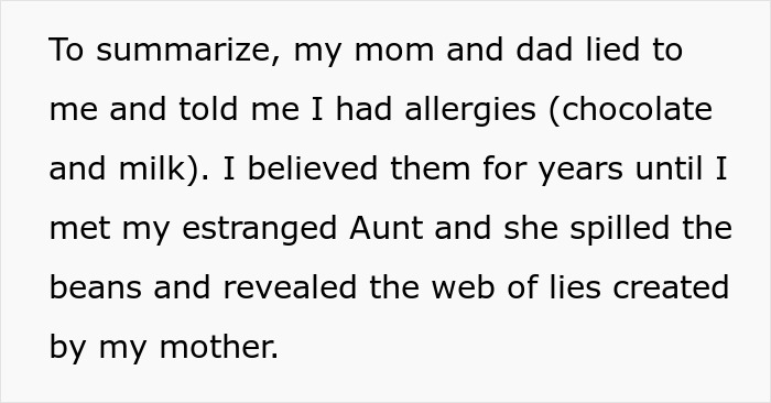 Text on a white background explains how parents lied about food allergies, leading to no contact between daughter and family.
