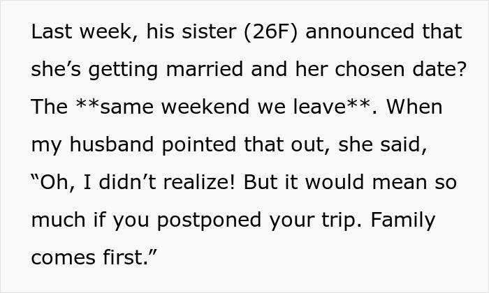 Text excerpt showing selfish SIL planning surprise wedding to ruin couple’s honeymoon, insisting family comes first.
