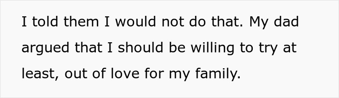 Text excerpt showing a person refusing to prepare for the caregiver role for a disabled stepsister. Text excerpt showing a person refusing to prepare for the caregiver role for a disabled stepsister.