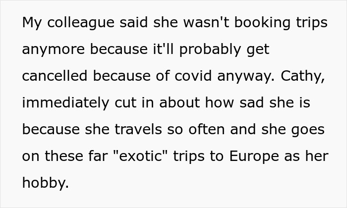 Text showing a woman embarrassing a new colleague by speaking to her in a language she claimed to know well. Text showing a woman embarrassing a new colleague by speaking to her in a language she claimed to know well.