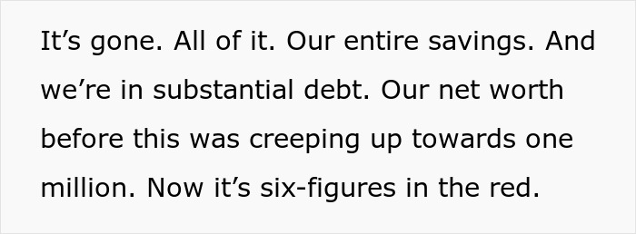 Person shocked by scam investment, revealing zero savings and facing immense debt in a financial crisis.