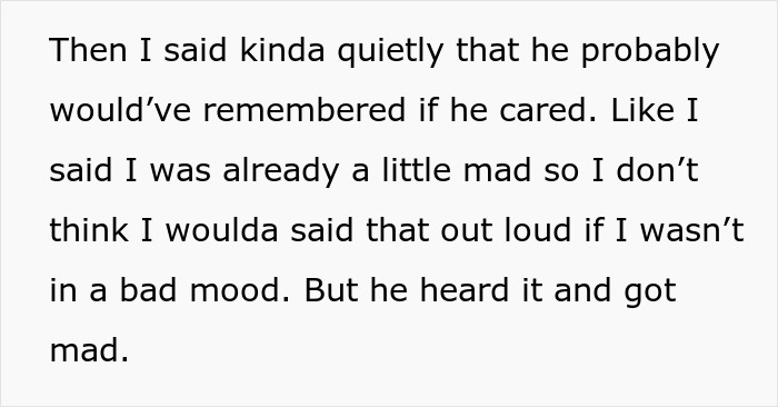 Text excerpt showing a teen telling dad would’ve remembered if he cared after a cake fail incident. Text excerpt showing a teen telling dad would’ve remembered if he cared after a cake fail incident.