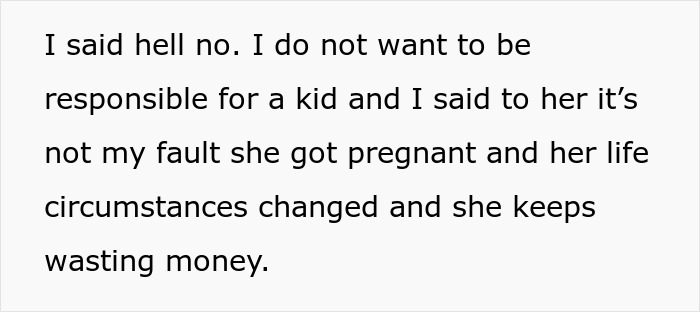 Text excerpt showing a man refusing to adopt a baby from his half-sister due to financial and responsibility concerns.