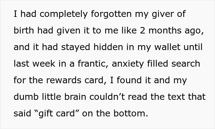 Text excerpt about guy&rsquo;s anxiety-filled search and misunderstanding with convenience store gift card causing debt of $43.
