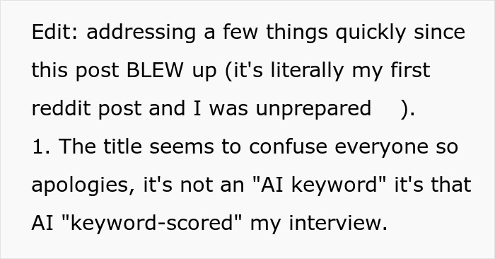 Text on screen showing a user explaining AI-scored job interview results with a casual Reddit post. Text on screen showing a user explaining AI-scored job interview results with a casual Reddit post.